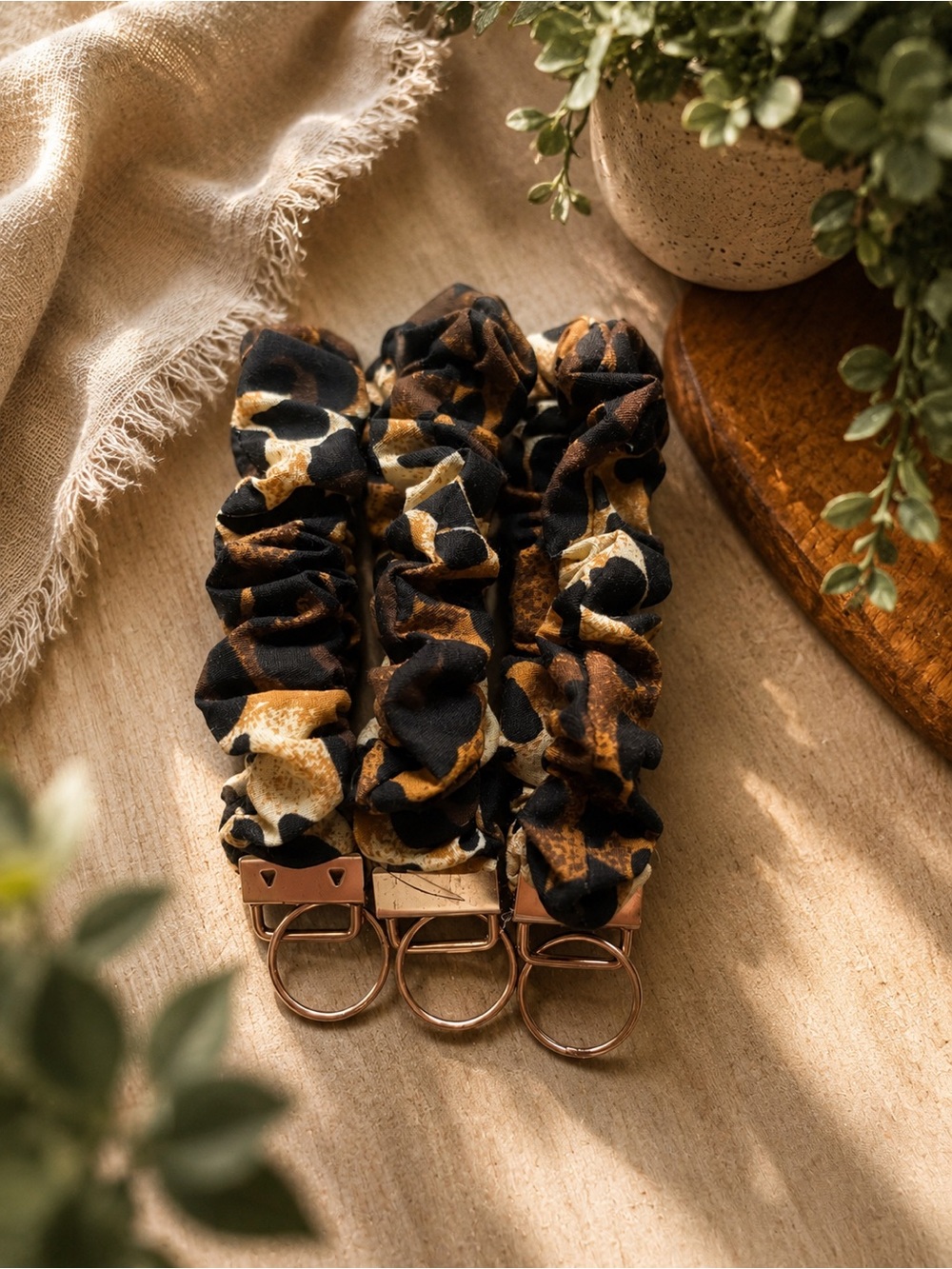 Leopard Print Scrunchie Keychain Wristlet - Black & Brown